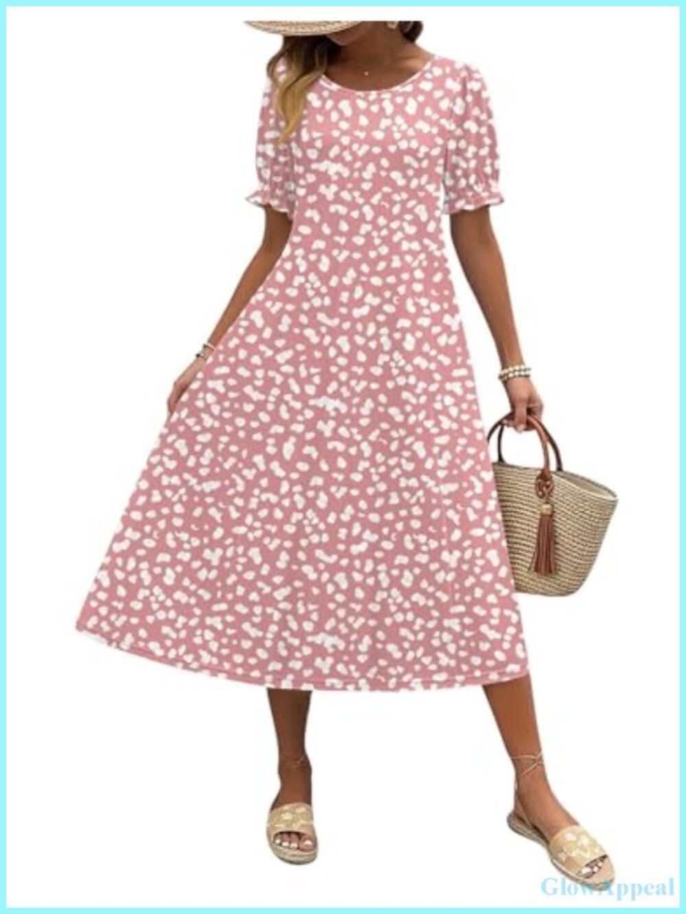 Pleated Flowy Midi Dress with Pockets Puff Sleeve Summer